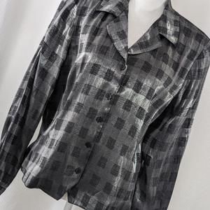 NWT! LESLIE FAY! SHIMMERY BLACK, CHARCOAL GRAY "SCRIBBLE" PLAID BLOUSE! SZ 16